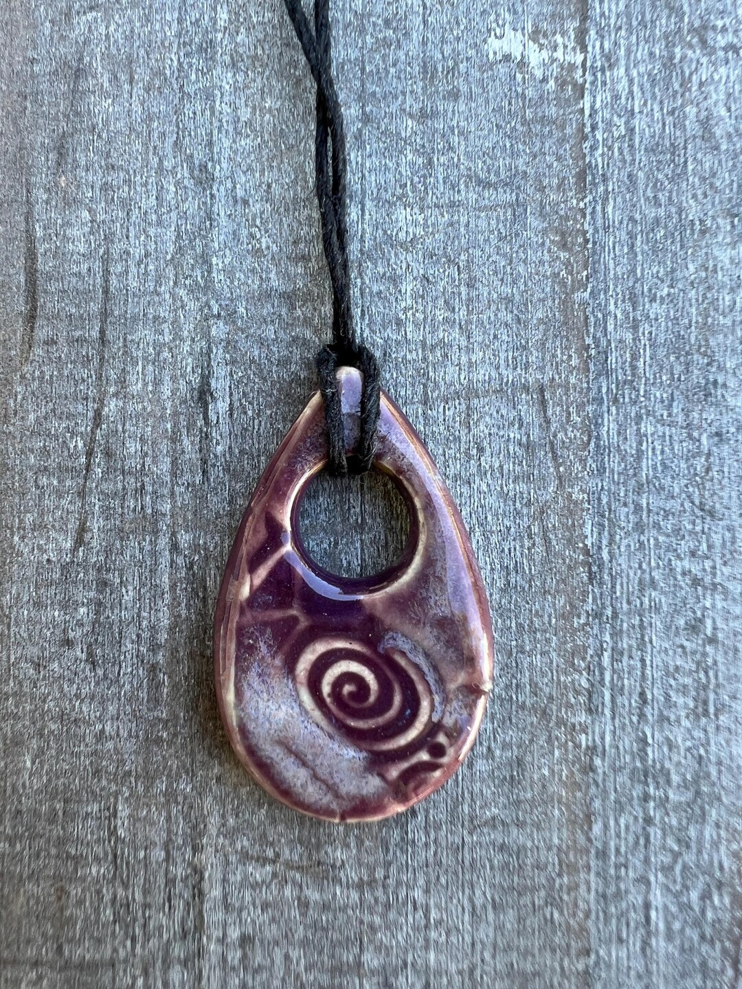 Purple Swirl Ceramic Pendant Necklace/ Adjustable Waxed Cord / Handmade