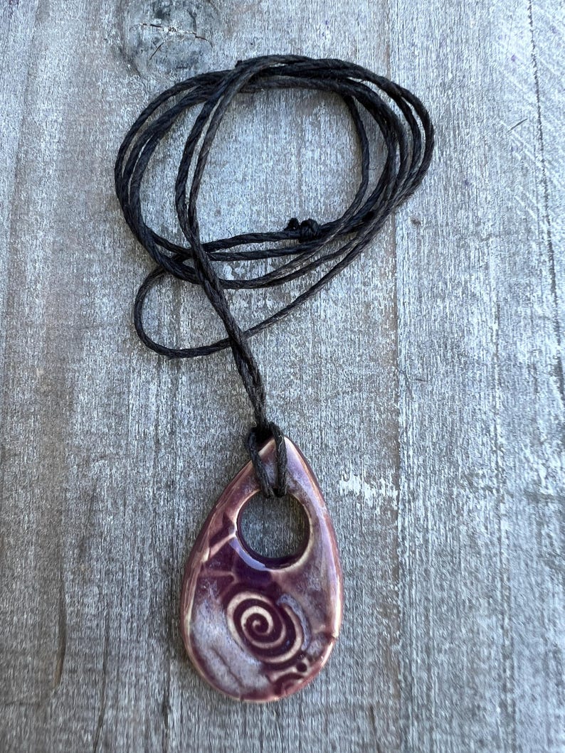 Purple Swirl Ceramic Pendant Necklace/ Adjustable Waxed Cord / Handmade