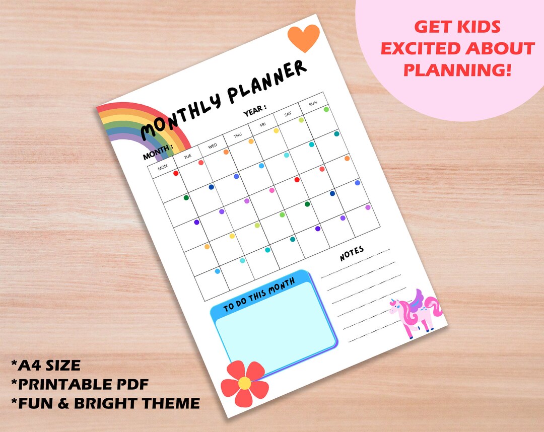 Monthly Planner Printable for Kids, Instant Download, Help Your Kids Be More Productive, to Do ...