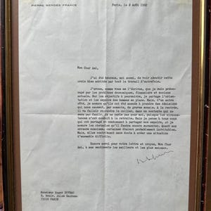 Carta firmada por Pierre Mendès France a Roger Duveau – 1982 – documento político original