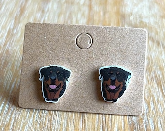 May include: A pair of stud earrings featuring a Rottweiler dog face design. The earrings are on a brown card with a hole in the center.