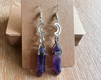 Purple Stone Moon Dangle Silver Earrings, fortune earrings, gothic earrings, gothic jewellery, gemstone earrings, amethyst witchy earrings