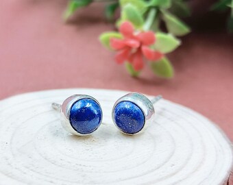 925 Sterling Silver Natural Lapis Lazuli Stud Earrings, 6mm Handmade Round Gemstone Earrings, Party Wear Designer Earrings, Gift For Her