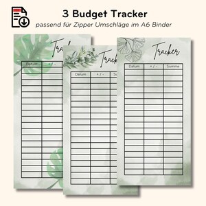 Puede incluir: Tres hojas de seguimiento de presupuesto imprimibles con un fondo de acuarela verde y diseños florales. Las hojas están etiquetadas como "Tracker" y tienen columnas para la fecha, más o menos, y la suma.