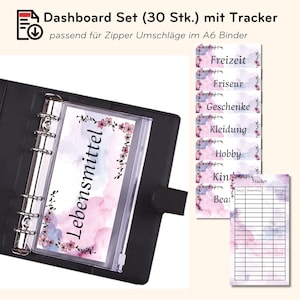 Puede incluir: Un conjunto de 30 inserciones de tablero para una carpeta, con un diseño floral y el texto "Lebensmittel" (alemán para "alimentos"). El conjunto incluye una hoja de seguimiento con columnas para la fecha, el uso y la suma.