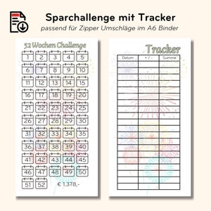 52 Wochen Sparchallenge inkl. Tracker für A6 Binder | PDF Download | Sparbinder Umschlagmethode | 1378 Euro Sparen Challenge