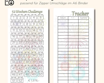 52 week savings challenge including tracker for A6 binder | PDF Download | Savings binder envelope method | 1378 Euro Saving Challenge