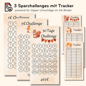 Sparchallenge Set inkl. Tracker für A6 Binder | PDF Download | Sparbinder Umschlagmethode | 3 Sparchallenges Bundle Sparen