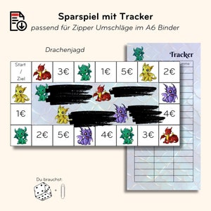 Könnte beinhalten: Ein farbenfrohes Spielbrett mit Drachen-Motiv. Das Brett hat ein Gitter mit verschiedenen farbigen Drachen und Zahlen. Das Spiel heißt "Drachenjagd". Das Spiel beinhaltet auch ein Tracker-Blatt mit einem Gitter und dem Wort "Tracker" oben.