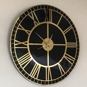 Black Gold Large Wall Clock, Mirror Clock, Gold colored roman numerals on a round colored mirror - Large Wall Clock