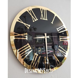 Handmade Black Mirror Wall Clock, Gold or Black Real Mirror Large Wall Clock, Gold Mirrored Wall Clock, Office Wall Clock, Oversized Clock