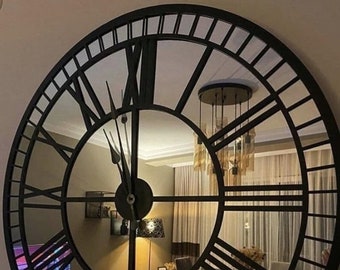 Reloj de pared grande, reloj de pared con espejo, espejo plateado de color negro, decoración de pared moderna, decoración del hogar, regalo de casa, regalo de oficina