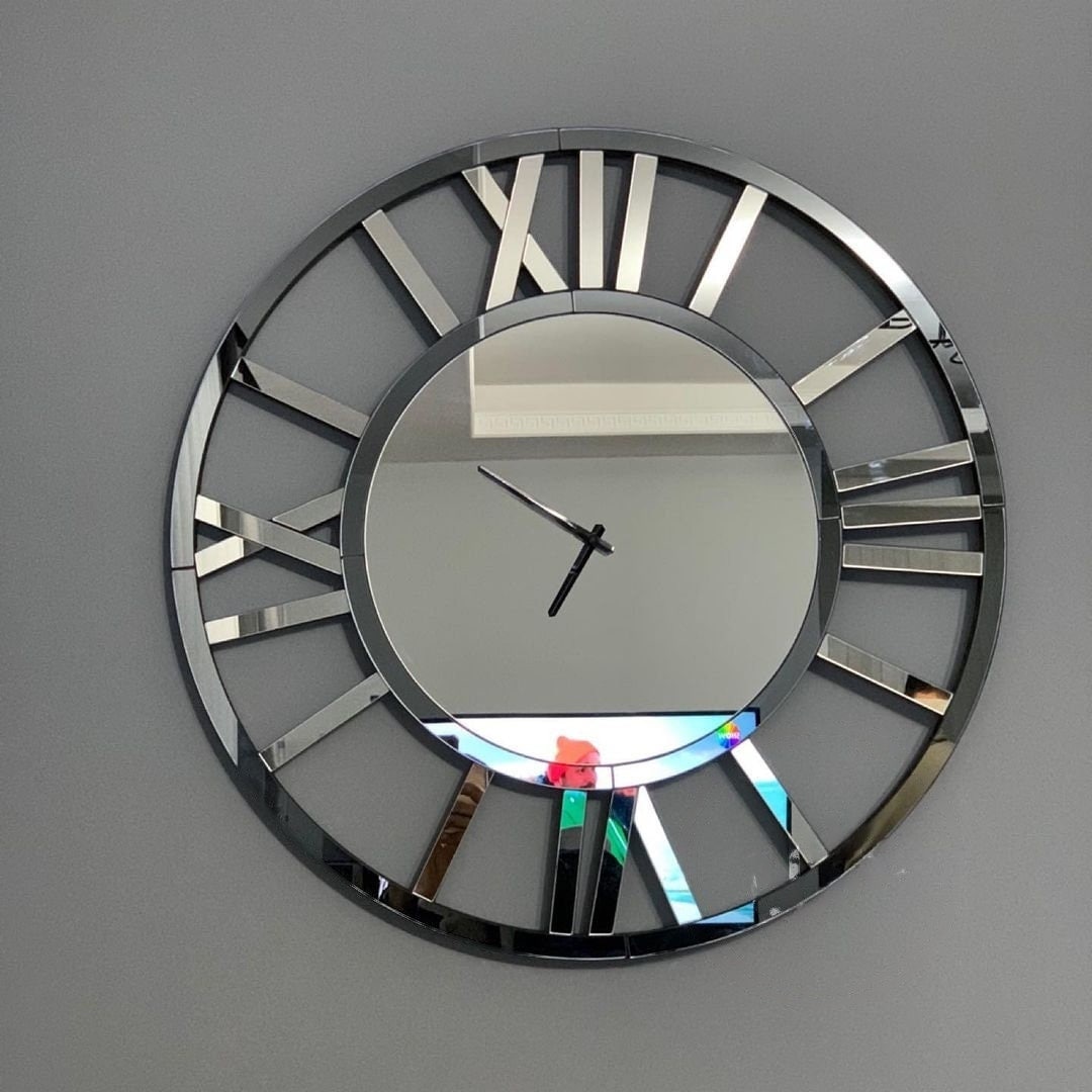 Silver Large Wall Clock, Mirror Clock, Silver Colored Roman Numerals on