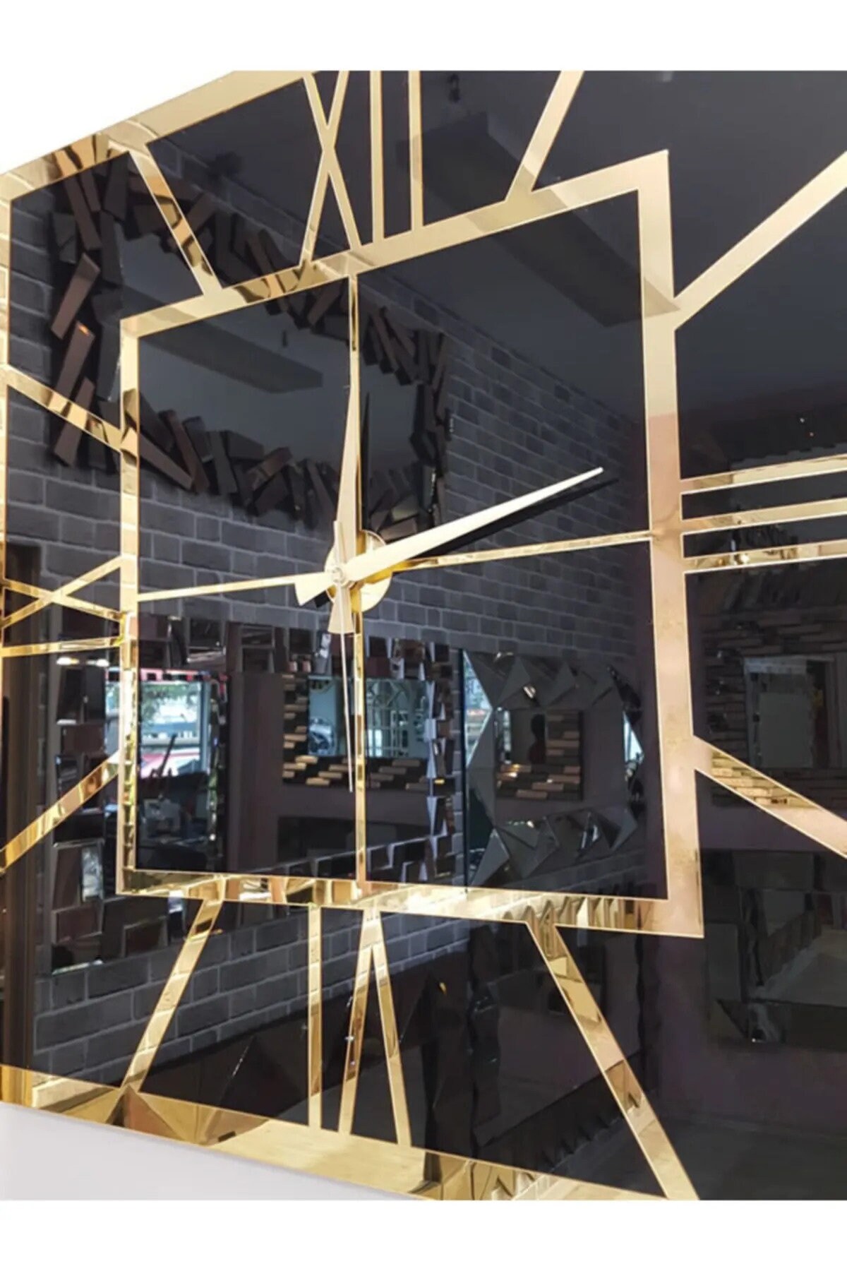 Black and Gold Large Wall Clock, Gold Mirror Clock, Black and Gold