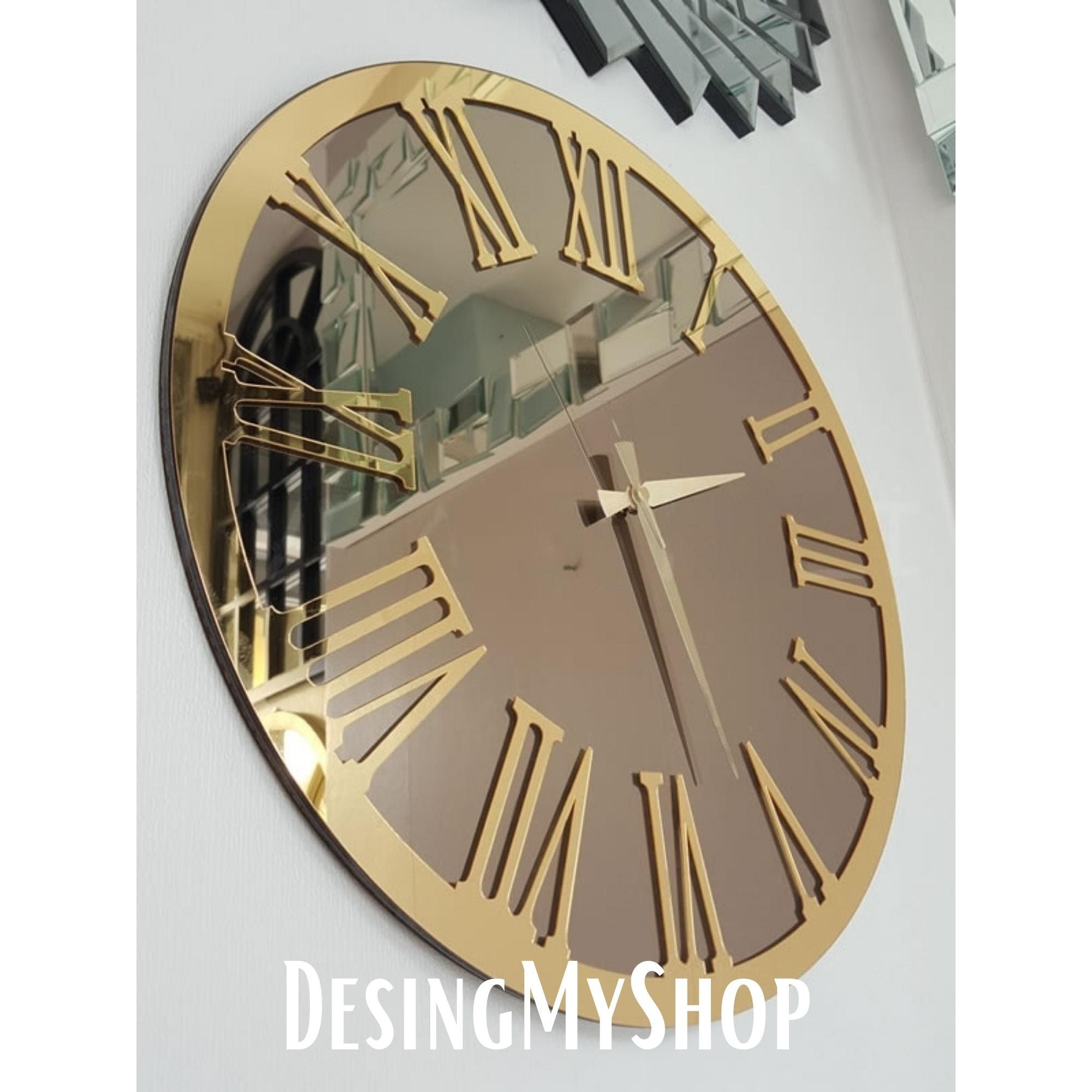 Handmade Gold Mirror Wall Clock, Real Mirror Large Wall Clock, Gold