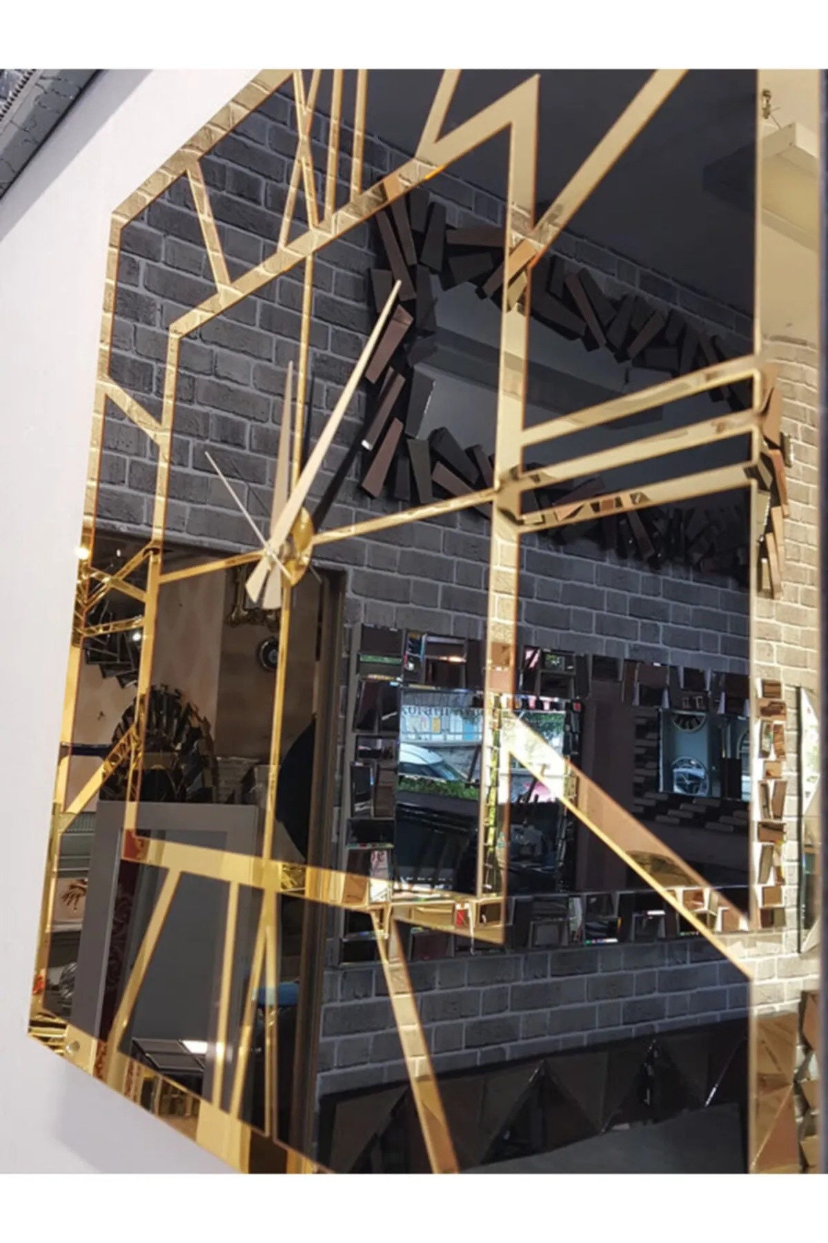 Black and Gold Large Wall Clock, Gold Mirror Clock, Black and Gold