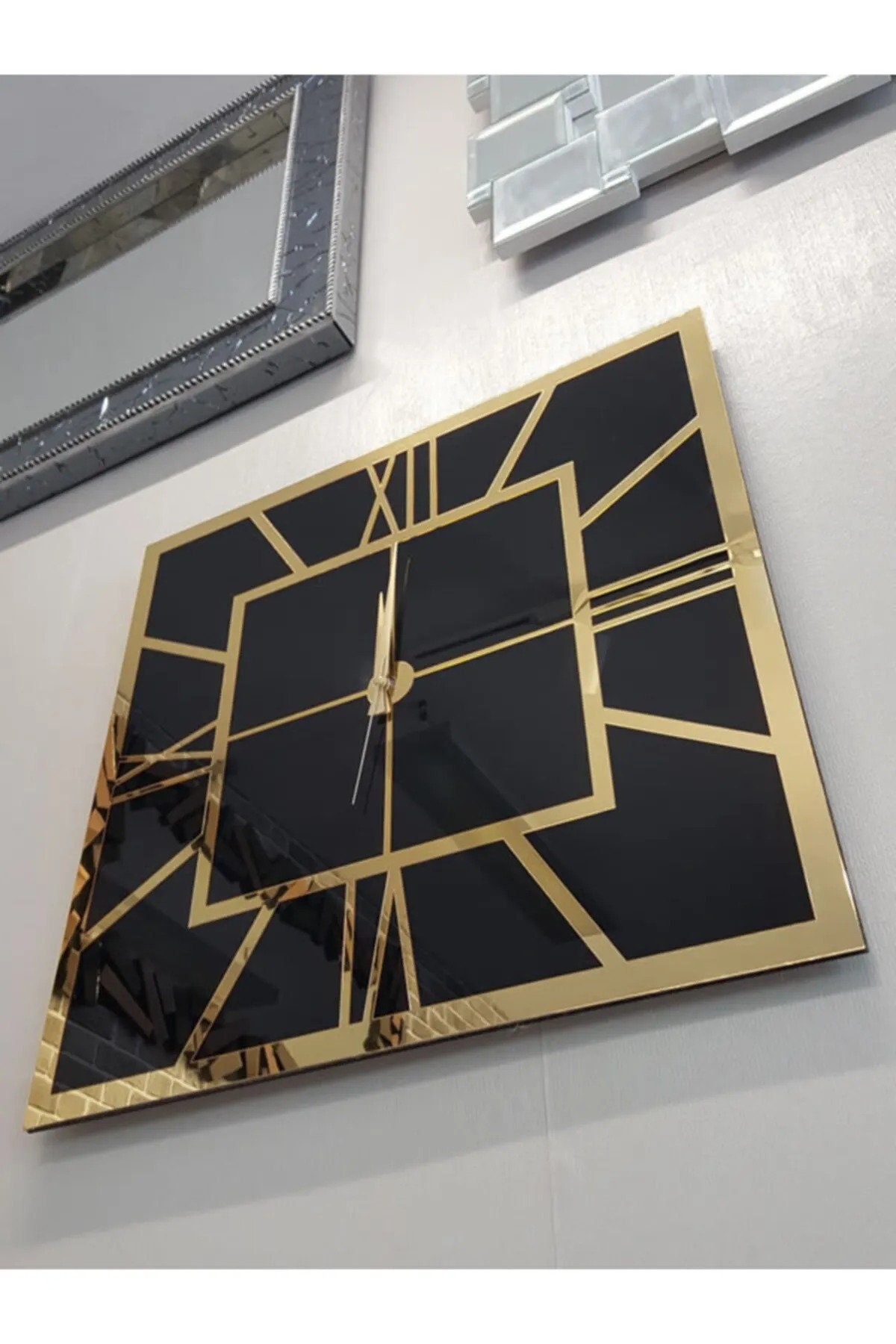 Black and Gold Large Wall Clock, Gold Mirror Clock, Black and Gold