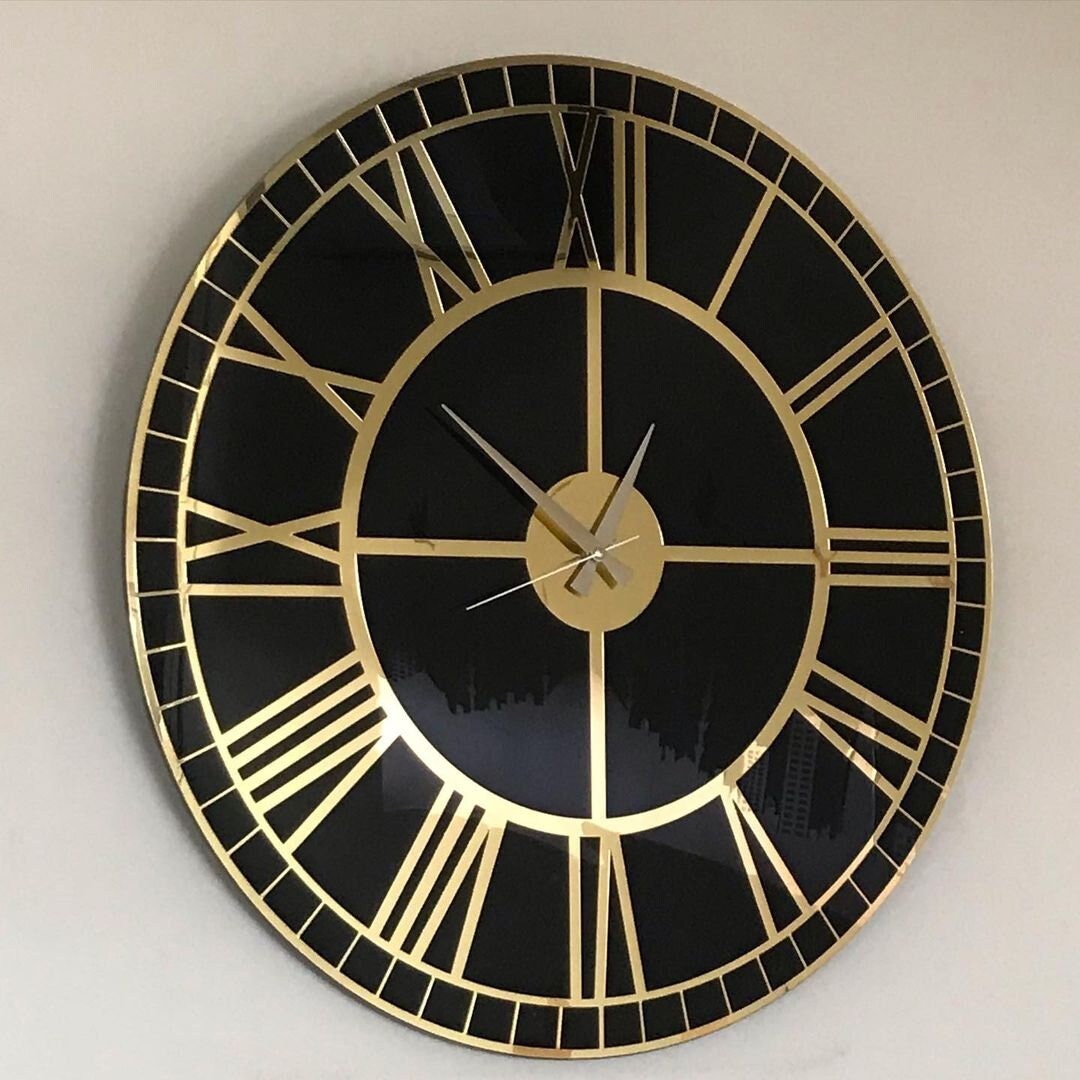 Black Gold Large Wall Clock, Mirror Clock, Gold Colored Roman Numerals