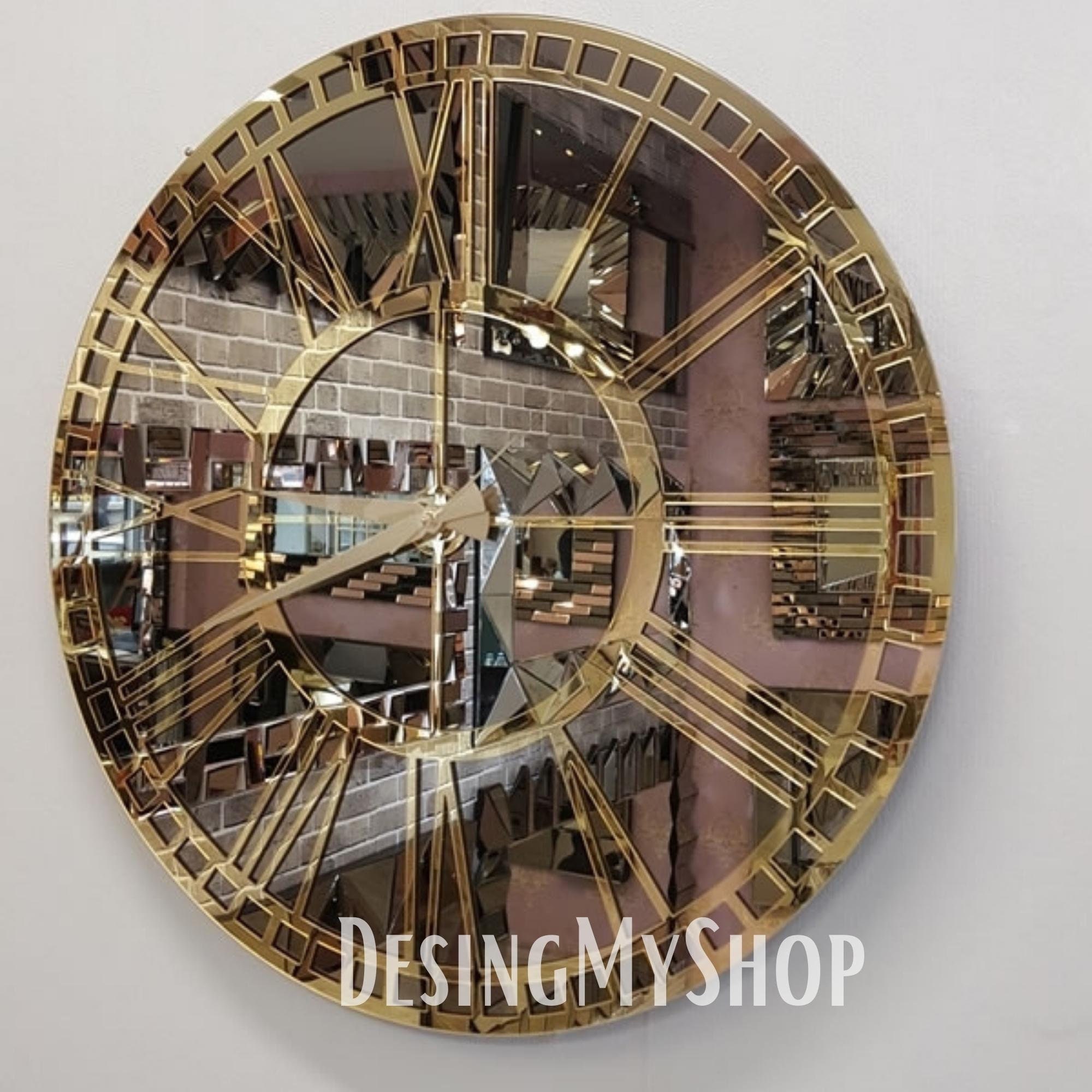 Handmade Gold Mirror Wall Clocks, Real Mirror Large Wall Clock, Gold