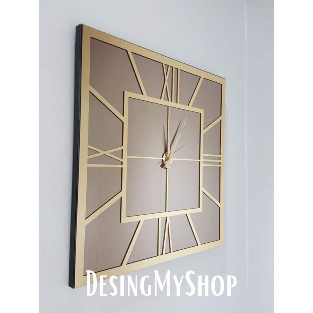 Square Mirrored Wall Clock, Modern Gold Large Wall Clock, Square