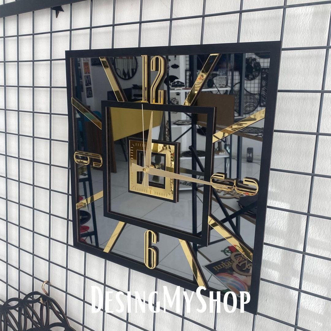 Handmade Square Mirrored Wall Clock, Modern Large Wall Clock, Square