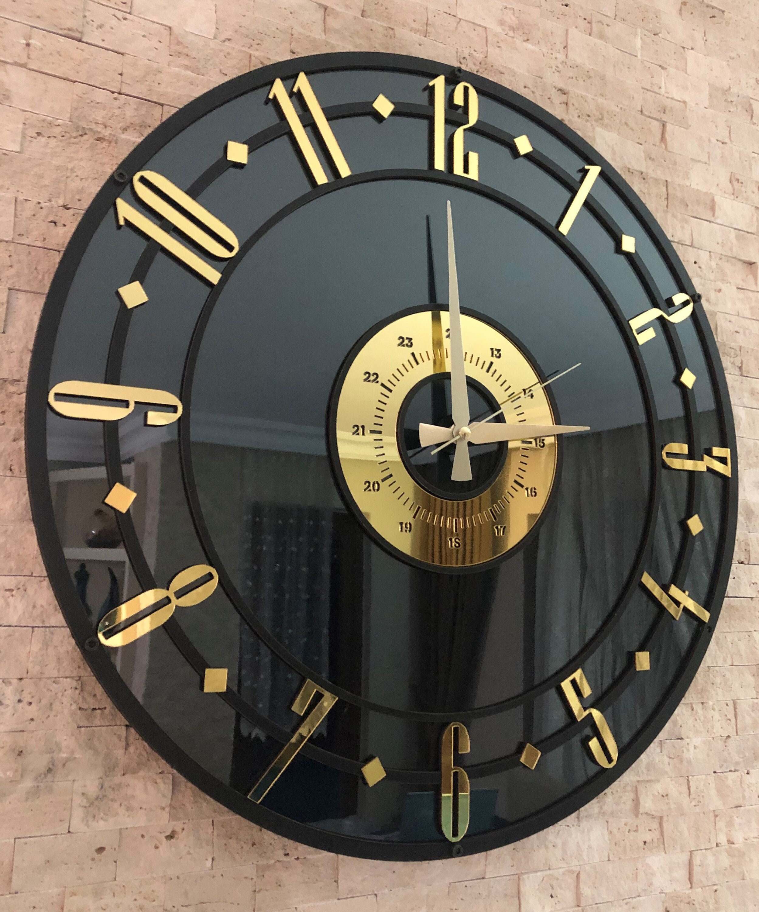 Handmade Silent Mirrored Large Wall Clock, Mirrored Wall Clock, Black