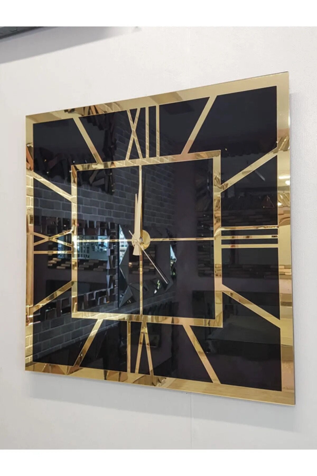 Black and Gold Large Wall Clock, Gold Mirror Clock, Black and Gold