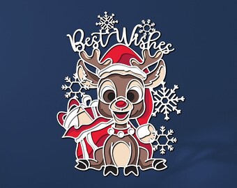 Cute Christmas Deer SVG — Deer with snowflake —  Merry Christmas Deer Multilayered DXF — Christmas Deer Laser Cut  SVG — Deer in Santa hat