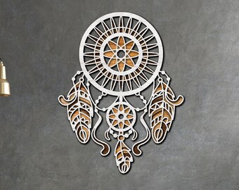 Attrape-rêves 3D SVG, mandala bohème découpé au laser, décoration murale plume DXF, fichier attrape-rêves en couches, fichier coupe mandala Cricut