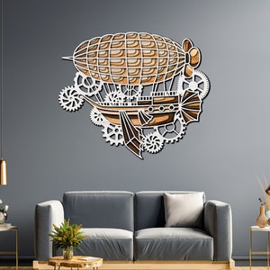 May include: A white and brown wooden wall art sculpture of a steampunk airship with gears and cogs. The airship is suspended in mid-air with a gray background.
