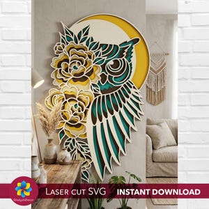 3D-lageruggla SVG, flerlagerugglamandala för laserskärning, 3D-visdomsfågel DXF, lager av djurväggkonst, Glowforge-filer, skogsdjursdekor