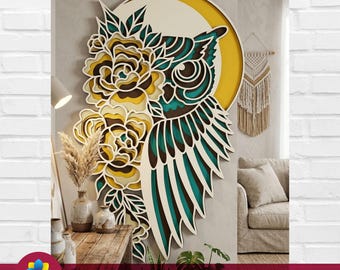 3D-laag uil SVG, meerlaagse uil-mandala voor lasercut, 3D Wisdom Bird DXF, gelaagde dierlijke muurkunst, Glowforge-bestanden, Forest Wildlife Decor