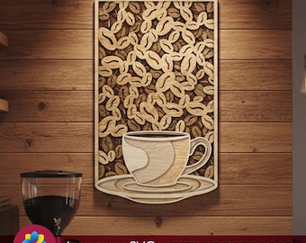 Taza de café 3D SVG en capas, archivo de arte mural de granos de café de 5 capas, decoración de cafetería SVG, letrero de pared de cafetería para Glowforge, ideas de regalo para baristas