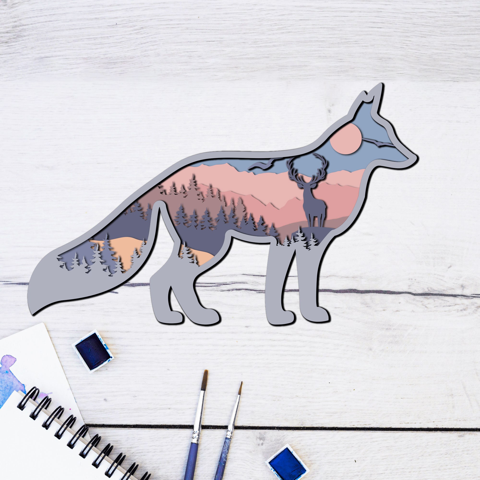 3D Fox Multilayer Svg, Fox Mandala SVG, Fox Scene Svg, 8 Layer Fox Art ...