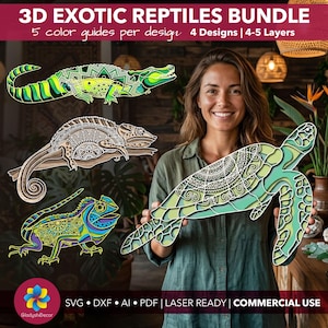 Può includere: Una donna tiene in mano una tartaruga di legno a strati, parte di un pacchetto di rettili esotici 3D. Il pacchetto include quattro disegni con 4-5 strati e cinque guide colore per disegno. La tartaruga è verde e bianca con motivi intricati.