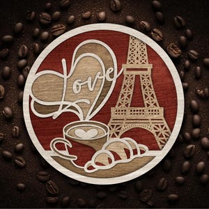 Salvamanteles de café de París — Salvamanteles de madera caliente Archivo de corte SVG — Salvamanteles de café DXF — Salvamanteles de cocina Archivo CNC — Torre Eiffel cortada con láser Digital