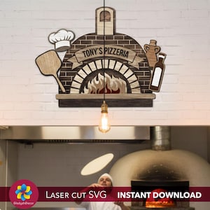 May include: Wooden laser-cut sign featuring a pizza oven design with the text "TONY'S PIZZERIA". The sign includes a chef's hat, pizza peel, bottle, and jug. A light bulb hangs below the sign. The image also includes the text "LASER CUT SVG INSTANT DOWNLOAD".
