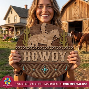 Cowgirl Pferd SVG, 3D-Schicht-Western-Türschild, Howdy Willkommensschild, Reiterwandkunst, Ranch- und Bauernhausdekor, Laser geschnitten Datei