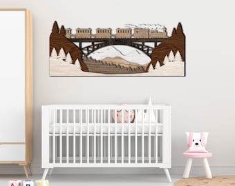 Kids Train Multilayered, Train in Mountain Wall Decor, Train Laser Cutting File, Wood Locomotive SVG,  Train SVG, Kindergarten Wall Decor