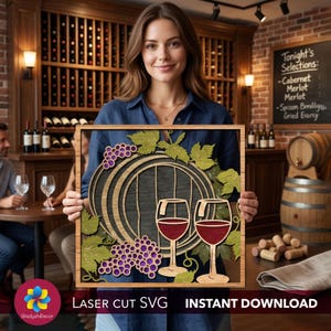 Déco vin en couches 3D SVG, art mural en bois multicouche pour bar à vin ou cuisine, fichiers découpés au laser