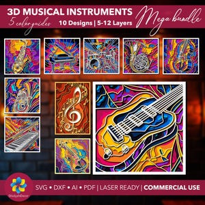 Puede incluir: Una colección de diseños de instrumentos musicales en 3D con estilo vidriera. La imagen presenta un saxofón, un piano, una batería, una trompa, un violonchelo, una tuba, una clave de sol, un teclado, un violín y una guitarra. El texto dice "3D MUSICAL INSTRUMENTS".