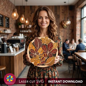 Digitale Vektorgrafik mit Untersetzern aus Holz in Form von Herbstblättern, Kaffee- und Teeuntersetzer-Dekoration, perfektes Herbstgeschenk für Frauen, Café-Dekoration (SVG, DXF)