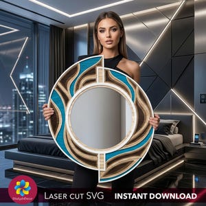 May include: A circular wall mirror featuring a layered wooden frame with a white outer border, natural wood tones, and vibrant teal accents. The design consists of concentric, wave-like patterns surrounding a central circular glass mirror.