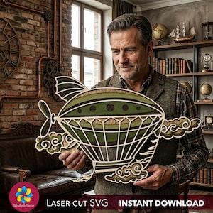Fichier découpé au laser Steampunk dirigeable, cadeau fête des pères SVG, plan CNC en couches 3D Zeppelin bois, décoration industrielle vintage, DXF de science-fiction