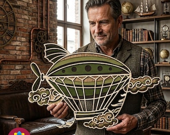 Plik do cięcia laserowego sterowca w stylu steampunk, prezent na Dzień Ojca w formacie SVG, trójwymiarowy, warstwowy drewniany znak sterowca CNC, wystrój w stylu vintage industrial, pliki Sci-Fi w formacie DXF