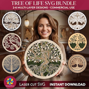 May include: A digital graphic featuring a Tree of Life SVG bundle with 2-6 multi-layer designs. The image displays several circular, laser-cut style tree illustrations in various colors and patterns, including a central design of a tree-human figure.