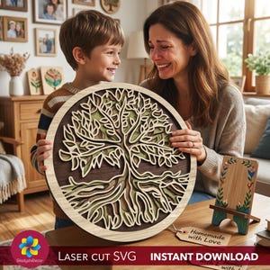 Tree of Life Wooden Coaster - Mother's Day Gift, Large 30cm Tea & Coffee Serving Tray, Layered Wood Wall Art, Rustic Cafe  Kitchen Decor