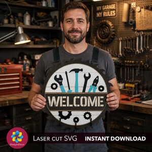 Garage Welcome Sign SVG, Workshop Wall Decor, Tool Saw Blade Layered Design, Father's Day Gift, Laser Cut File, Mechanic Man Cave Art