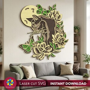 3D Cat Moon SVG 5-warstwowy plik wycinany laserowo Kwiatowy kot na ścianę Dekoracja wiosenna do pokoju dziecięcego Znak motyle Kwiatowy prezent dla miłośników kotów xTool