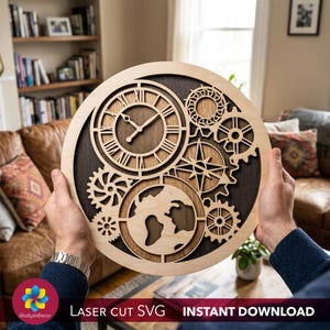 3D Layered Steampunk SVG, Laser Cut File Clock Gears Coaster, Multi Layer Compass World Map DXF CNC Router, Digital Download Template